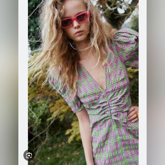 ZARA Pink & Green Plaid Seersucker Puff Sleeve Midi Dress | SZ XS - Picture 2 of 15